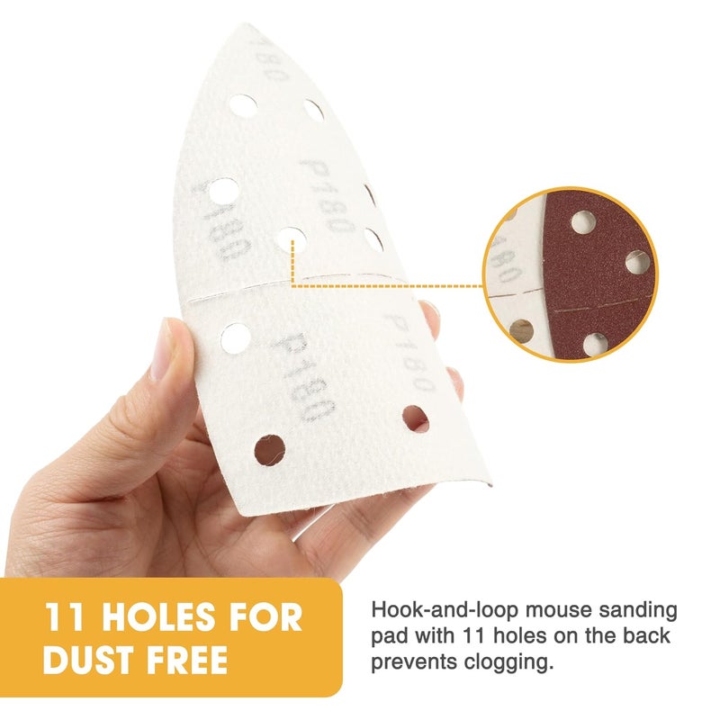 Shawya 50 PCS Mouse Sander Sandpaper for Mouse Sander 11 Hole Detail Sandpaper Sanding Paper 180 Grit Hook and Loop Sander Pads Triangular Sanding Sheets Abrasive Sanding Paper - Image 5
